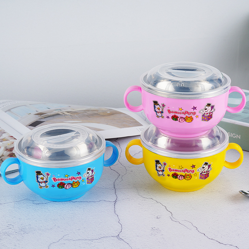 Stainless Steel Cartoon Children's Bowl Double Handle With Cover Insulated Baby Soup Rice Bowl Kindergarten Eat Rice Bowl 420Ml Specification drawing