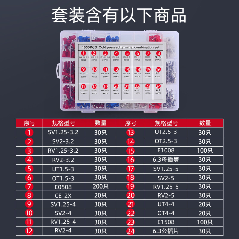 Cross-border e-commerce exclusive supply of 24 types of tube terminals, 1000pcs combination set, cold-pressed terminal box details Picture