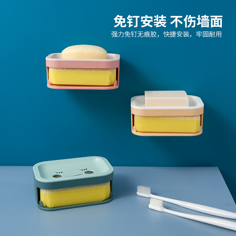 Double-layer plastic soap box, draining box, wall-mounted soap box, traceless, double-layer with hook sponge stream water details Picture