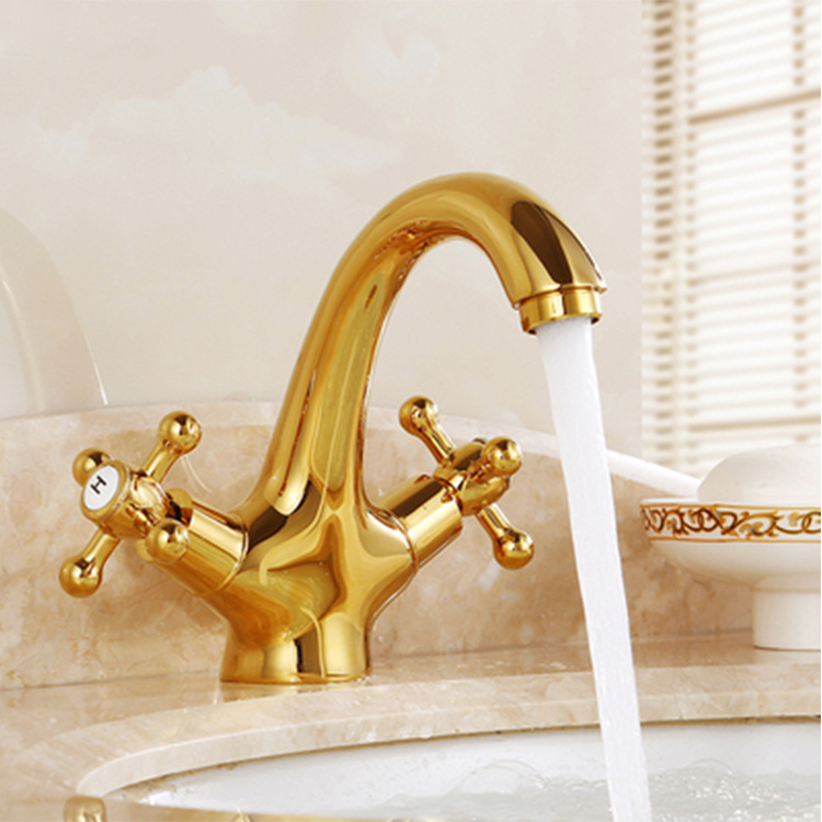 Cold And Hot Water Faucet European Antique Faucet Bathroom Gold Washbasin Faucet Double Single-Hole Faucet Brass