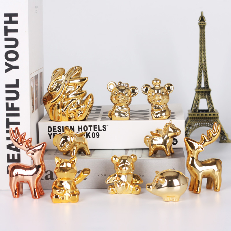 北欧创意陶瓷电镀动物工艺品桌面摆件小礼品装饰品盆景小玩物回礼