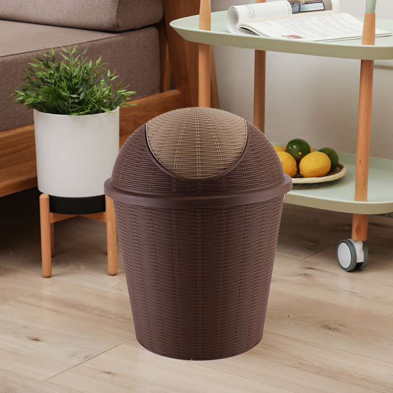 Large creative and fashionable living room wastebasket, household bathroom and kitchen garbage storage basket, rattan woven flap trash can