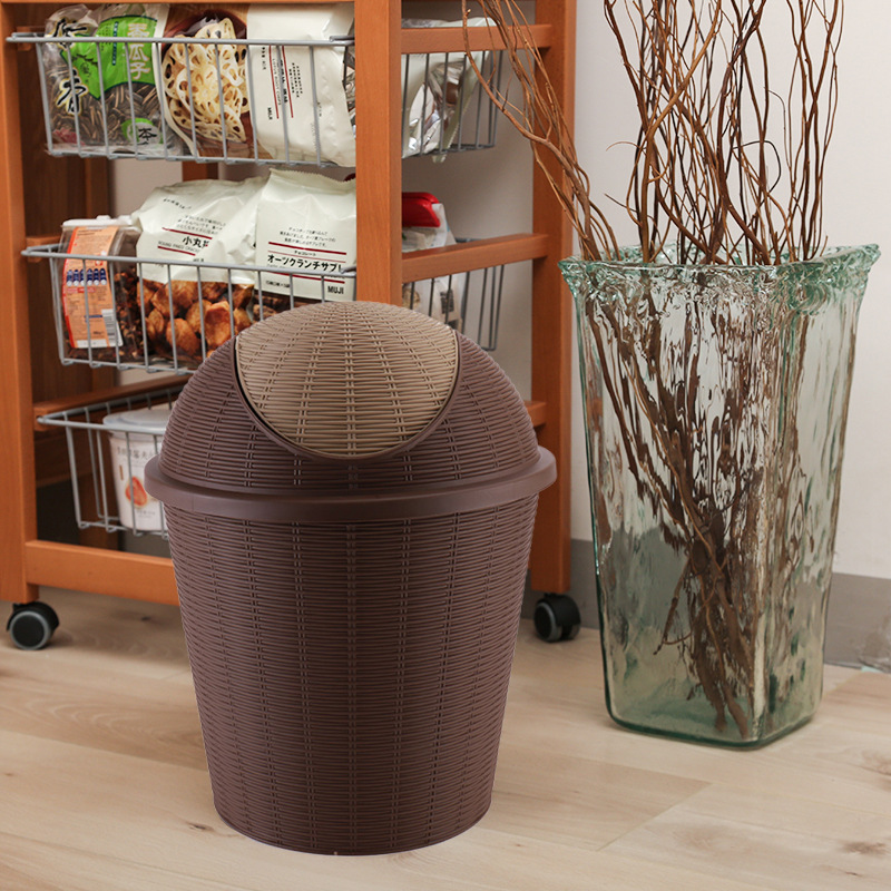 Creative living room, bedroom and kitchen trash can with a lid imitating rattan weaving, with a shaking lid processed for household desktop trash cans Specification image