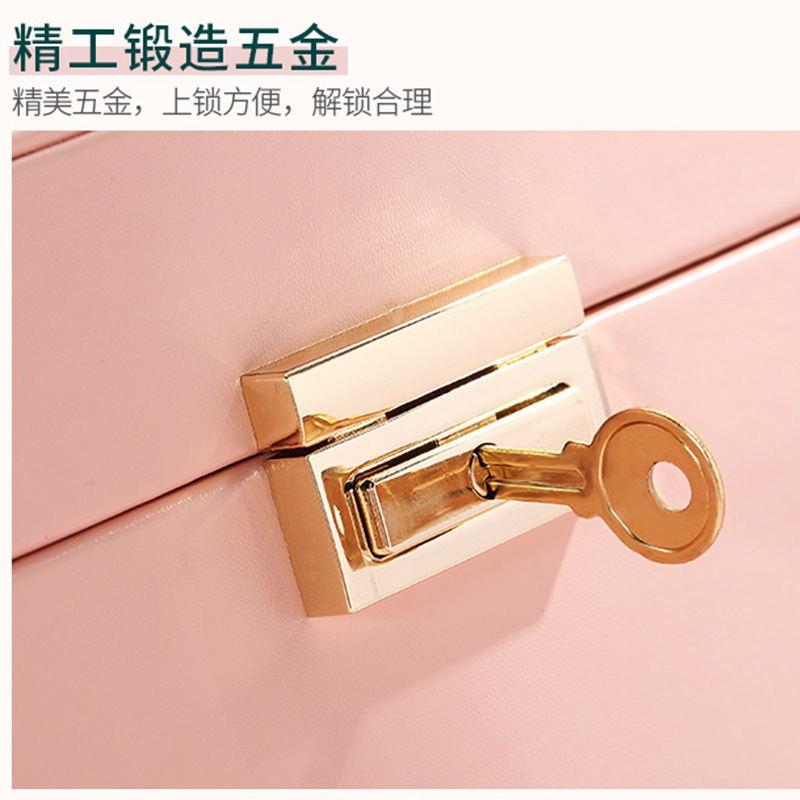 Large-capacity multi-layer jewelry storage box, pink lockable leather accessory box, hand-held mirror large jewelry box Specification image