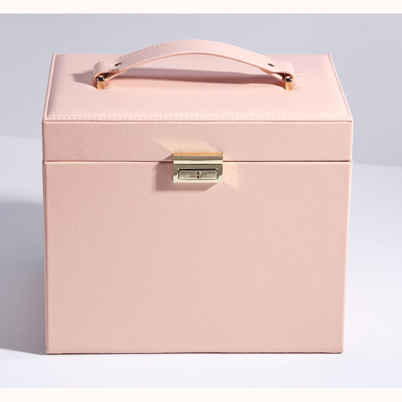 Large-capacity multi-layer jewelry storage box, pink lockable leather accessory box, hand-held mirror large jewelry box details Picture