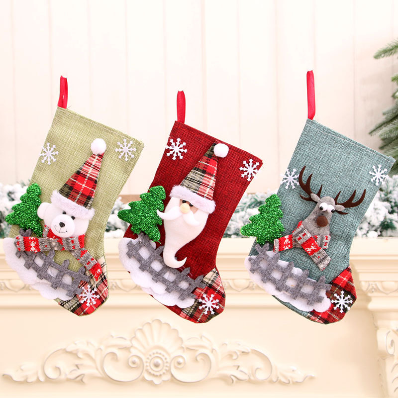 New Linen Medium Size Christmas Stocking Santa Claus Christmas Decorations Stocking Christmas Gift Bag