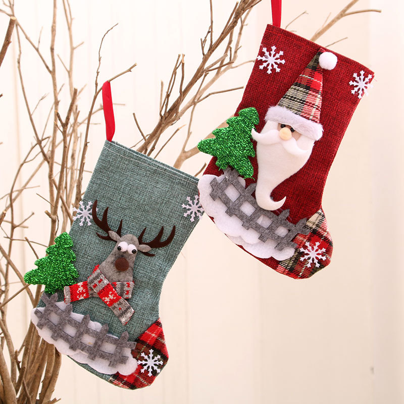 New Linen Medium Size Christmas Stocking Santa Claus Christmas Decorations Stocking Christmas Gift Bag details Picture