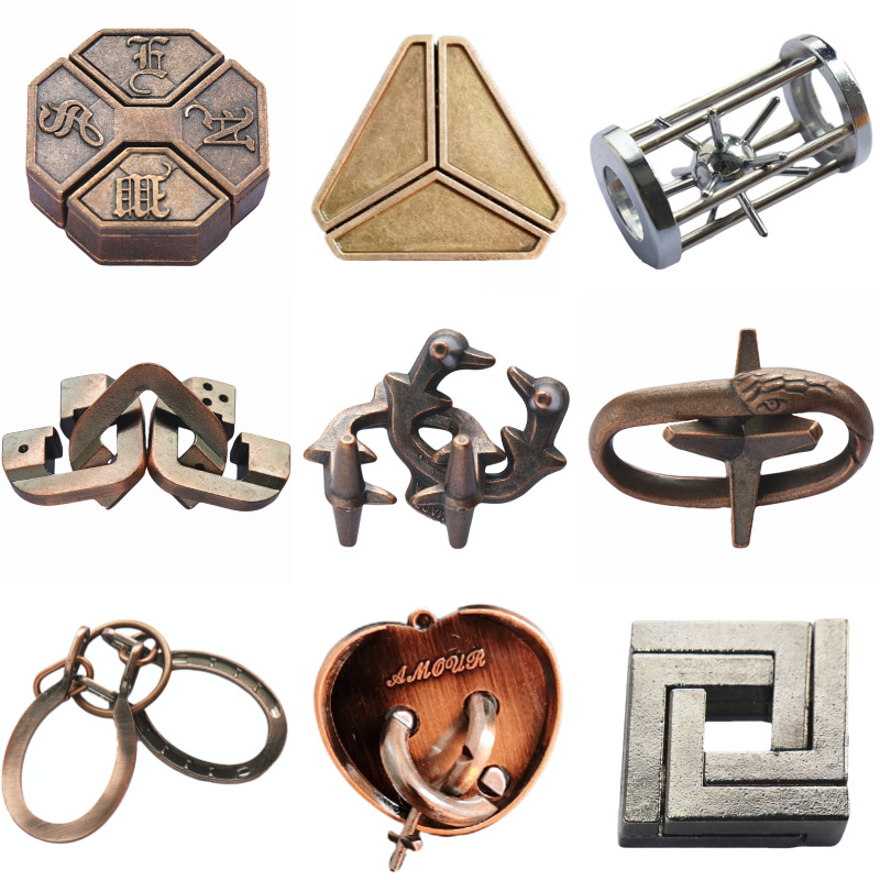 Magic Puzzle Golden needle horseshoe square lock unlock Luban lock burning brain hole bright lock triangle chain high IQ fetch Specification drawing