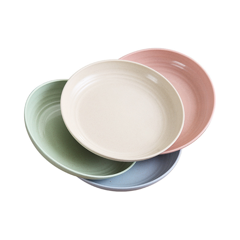 Wheat straw round vegetable plate, large household serving plate, durable snack plastic plate, promotional gift with logo printing Item Picture