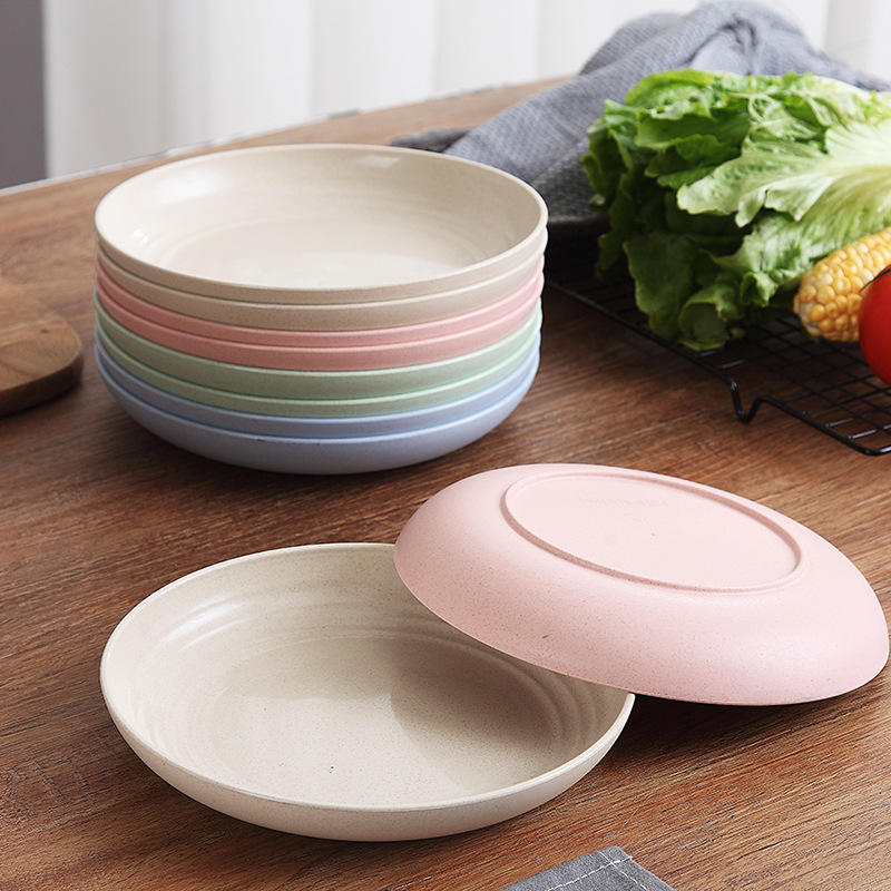 Wheat straw round vegetable plate, large household serving plate, durable snack plastic plate, promotional gift with logo printing Application Scenario