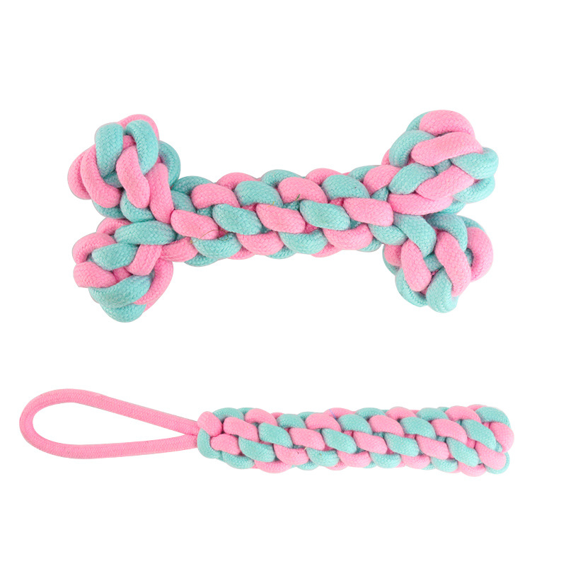 The manufacturer has a new type of pink and blue pet cotton rope knot toy set, a durable teething dog toy, and pet toys in stock Specification image