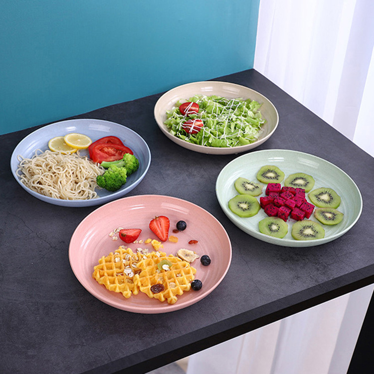 Wheat straw round vegetable plate, large household serving plate, durable snack plastic plate, promotional gift with logo printing