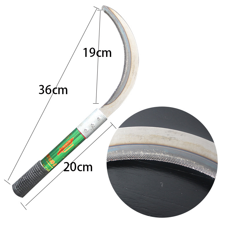 Stainless steel small crescent-shaped sickle, wooden-handled sawtooth agricultural crescent sickle, weeding and rice harvesting agricultural small sickle Item Picture