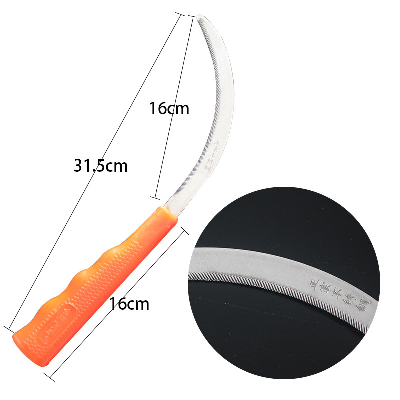 Stainless steel small crescent-shaped sickle, wooden-handled sawtooth agricultural crescent sickle, weeding and rice harvesting agricultural small sickle Specification image
