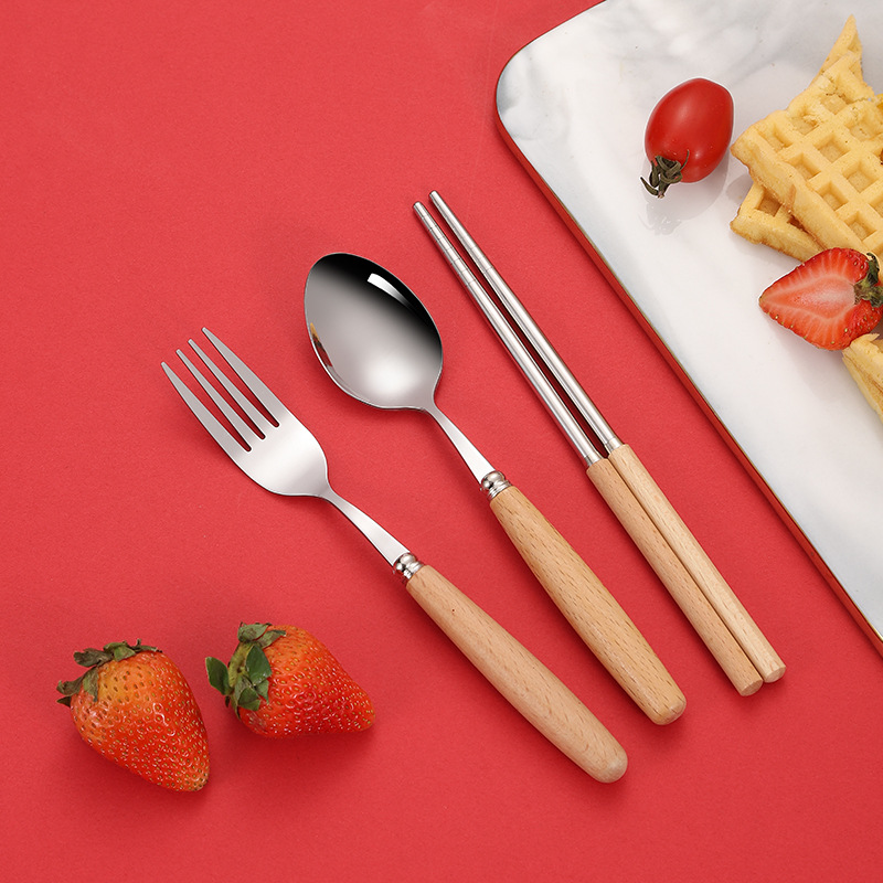 Pure Wooden Handle Tableware Set Stainless Steel Convenient Three-Piece Children's Soup Spoon Chopsticks Fork Spoon Student Gift details Picture