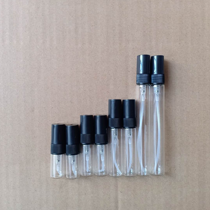 Available in stock: 2ml, 3ml, 5ml, 10ml black and white spray perfume samples, glass portioned spray empty bottles, pulled tube bottles Specification image