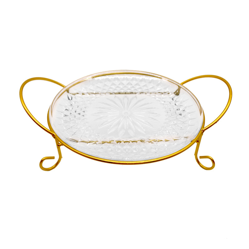 Acrylic ktv hotel golden fruit plate, transparent crystal plastic iron base, creative living room fruit plate stand Item Picture