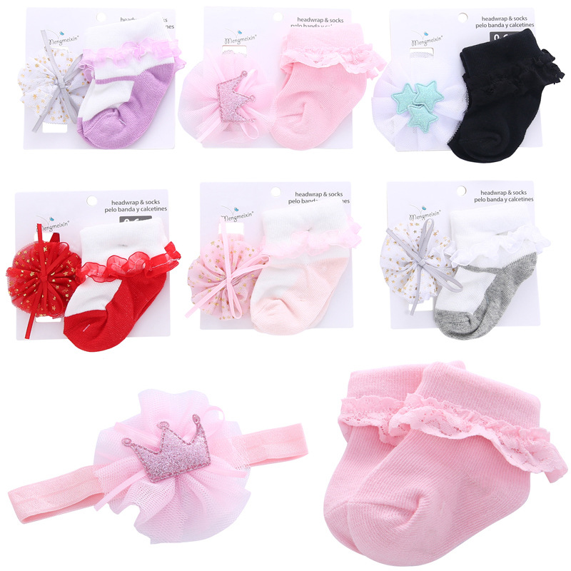 New cotton European and American bow baby socks, cute princess lace trim baby socks and hair band set