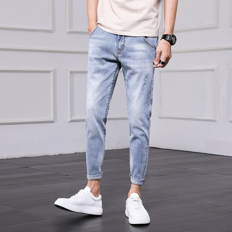 2023 New trendy men's jeans, 9-inch simple and casual men's pants, small leg thin Korean-style pants for men details Picture