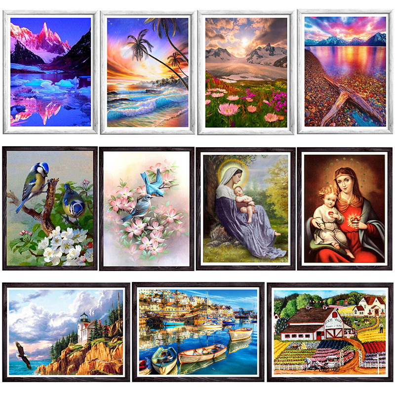 Factory Direct Wholesale New 5D Diamond Painting Full Of Diamonds Diy Foreign Trade Cross-Border Landscape Flower Animal Decorative Painting Murals