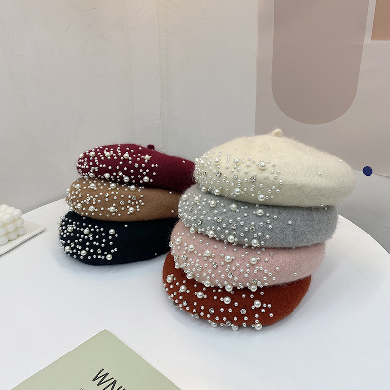 Winter plush hat for women, Korean retro chanty style, pearl rhinestone, wool beret, hooded, cute Japanese style, fashionable painter hat, adult hat Specification image