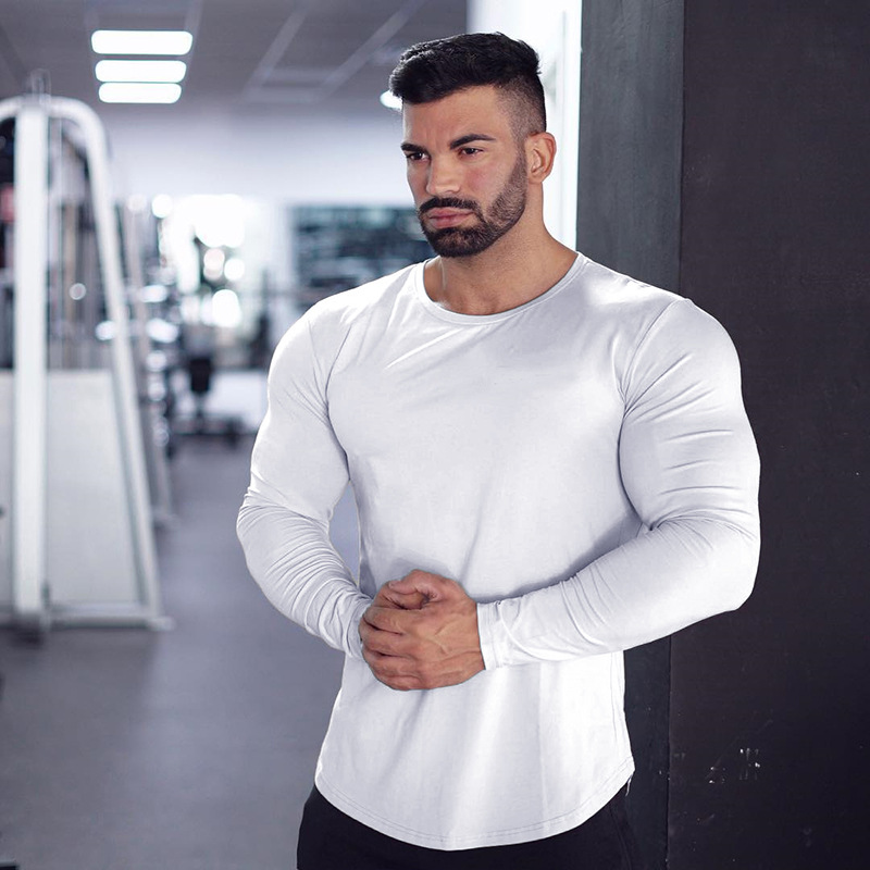 Muscle pure cotton tight-fitting sports T-shirt, men's long-sleeved brother fitness training suit, breathable thin running round-neck T-shirt
