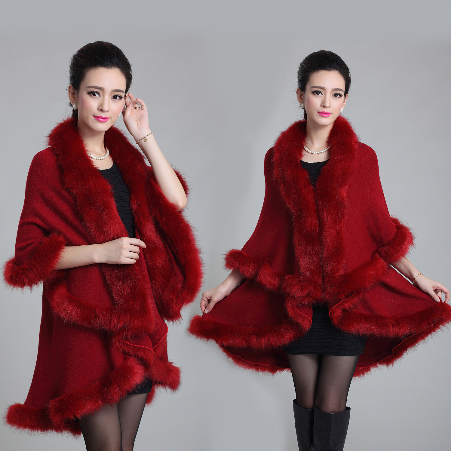 Classic autumn and winter European and American new women's clothing style, large-sized knitted double-layer cardigan, fox fur shawl cape