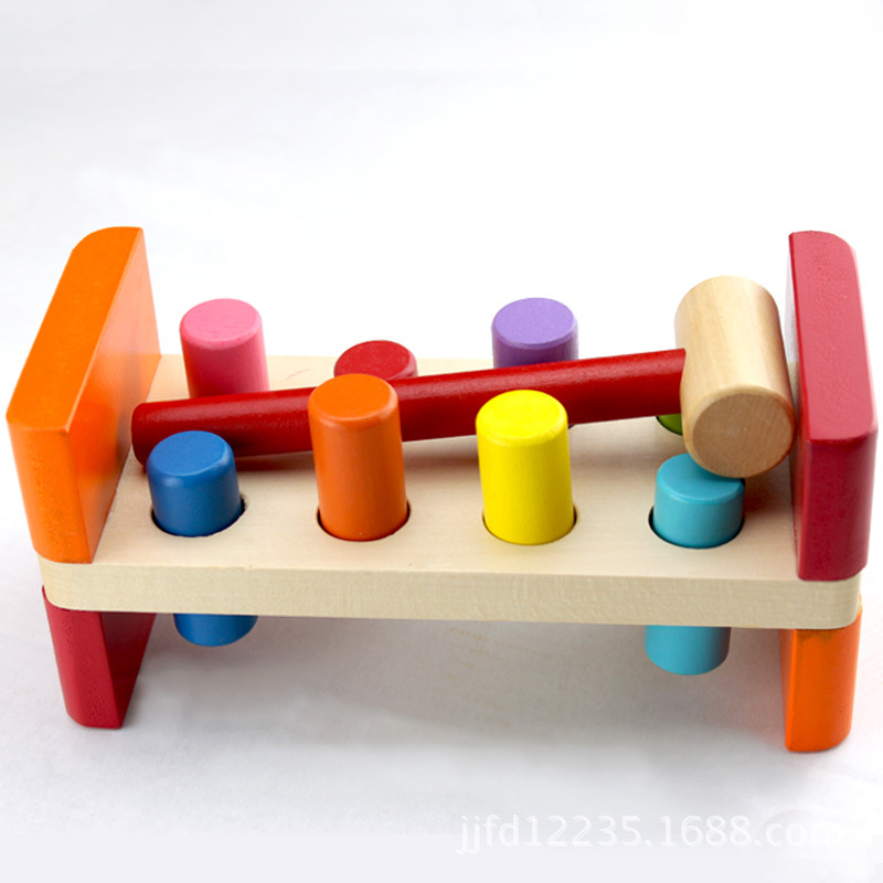 儿童益智玩具 木制八柱彩色打桩台 敲打台打击飞人敲打玩具