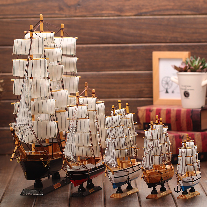 木质帆船 地中海风格实木摆件书房家居装饰模型16cm-50cm摆设