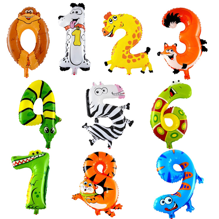 厂家直供 16寸小号动物数字铝膜气球 0-9卡通儿童生日装饰气球