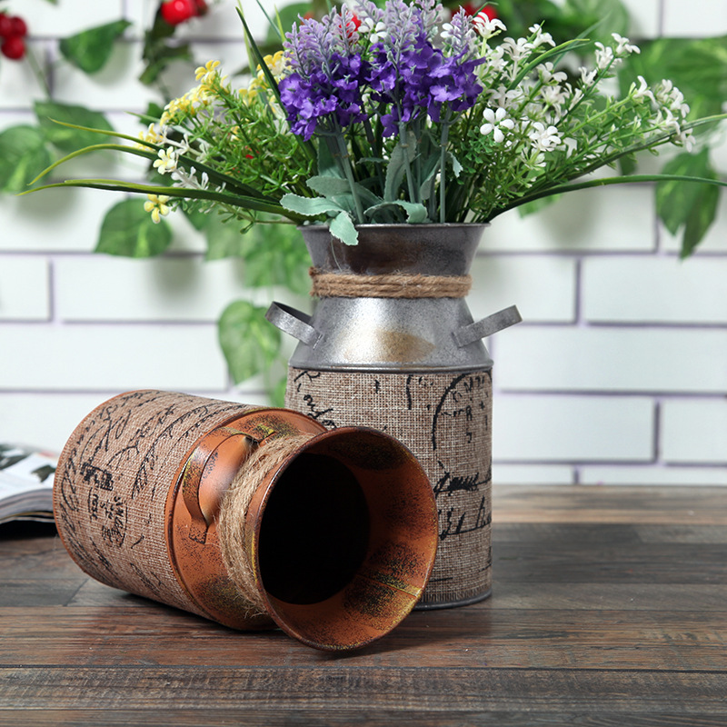 创意家居装饰包麻布做旧铁皮花桶 花器不带花欧式个性时尚铁皮桶