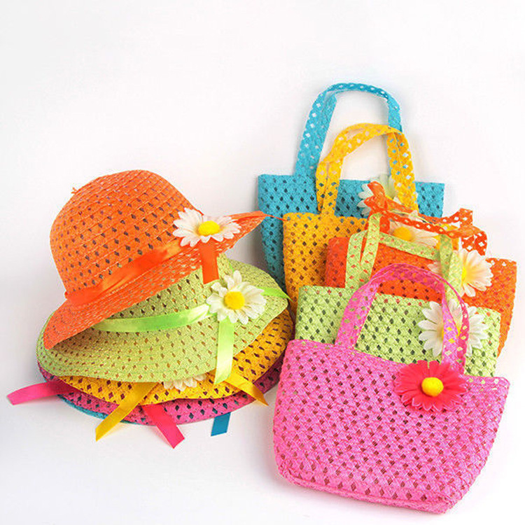 New sunflower children's straw hat handbag set girls straw sunhat beach hat wholesale