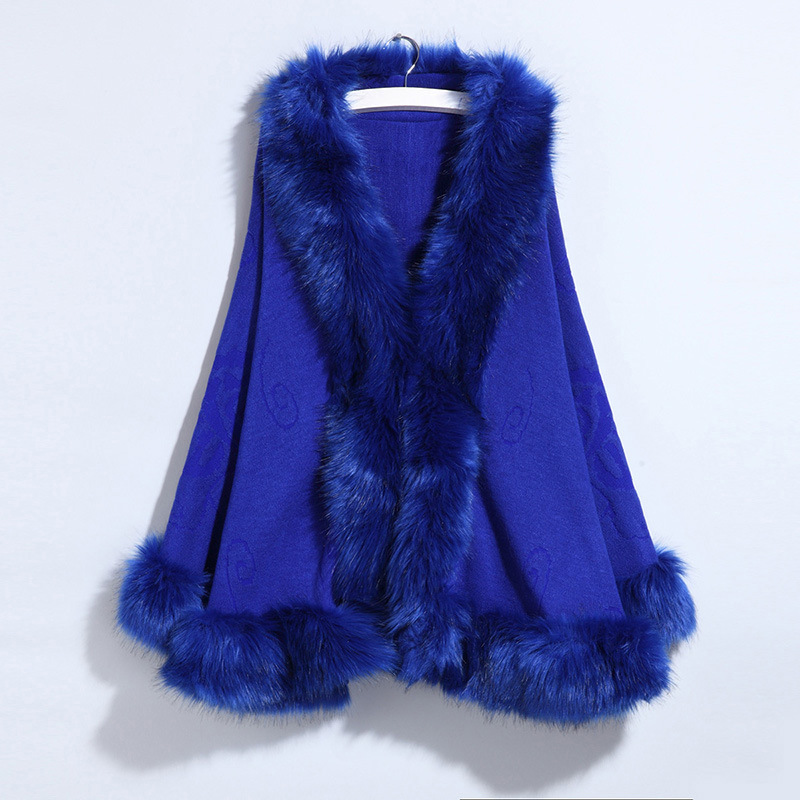 2021 New European and American women's plus-size knitted coat, fox fur collar fur shawl cape coat for women details Picture