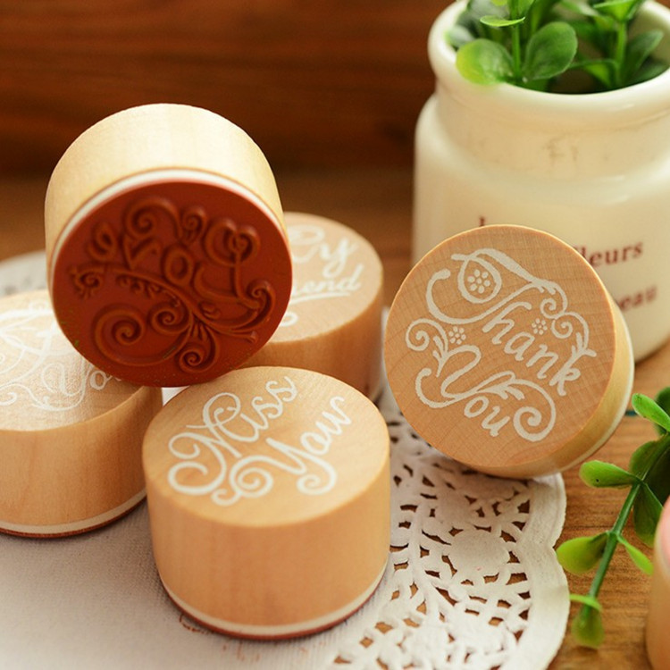 Korean stationery DIY English blessing words, wooden retro round seal planner supplies, letter thank-you words decoration details Picture