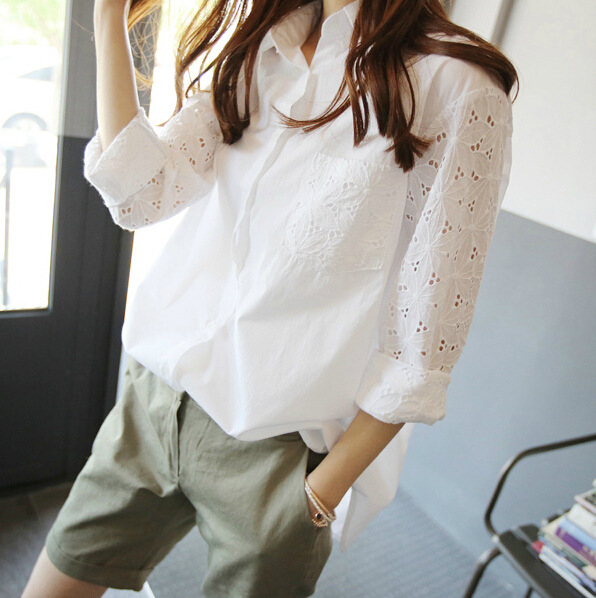 Spring and Autumn's new Korean-style loose long-sleeved embroidered and hollowed-out shirt for women with a professional OL vibe