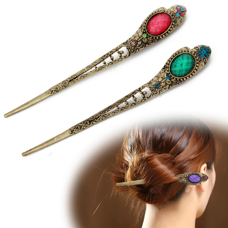 复古古典女式水钻发钗子发饰/简约盘发水滴发簪子头饰品/淘宝热卖细节图