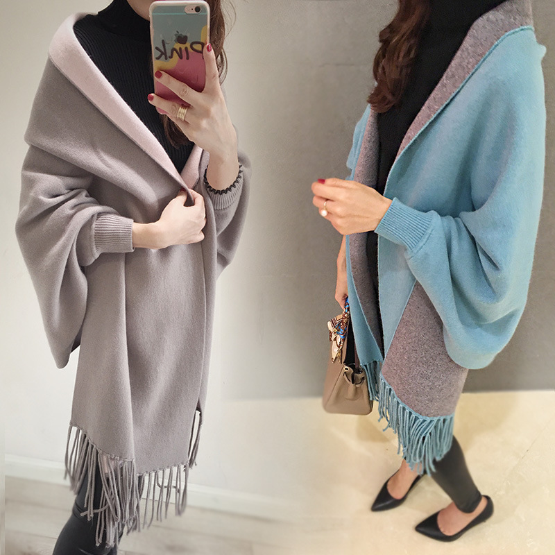 New women's wear for autumn and winter 2022: Fringed large shawl knitted sweater, cardigan, European and American cape, fashionable long-sleeved Specification image