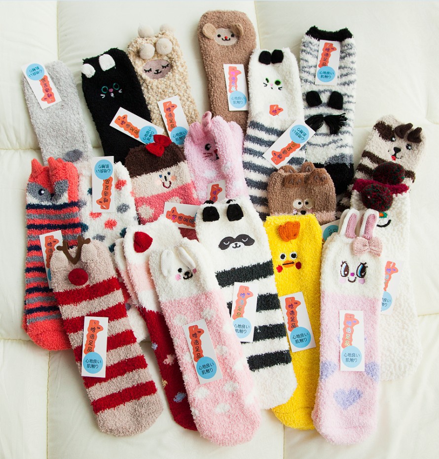 Japanese-style Christmas socks, embroidered three-dimensional home furnishings, coral fleece cartoon thickened towels, floor half-fleece women's socks details Picture