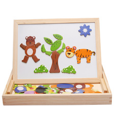 跨境儿童益智多功能双面磁性拼图画板木制动物场景拼拼乐玩具批发
