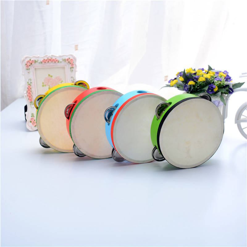 幼儿园木制打击乐器 本色彩色手摇仿羊皮铃鼓 6英寸中号手拍铃鼓