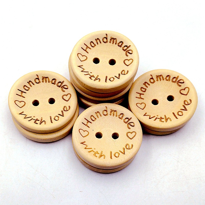 15/20/25mm圆纽扣 激光雕刻handmade爱心with love木纽扣 