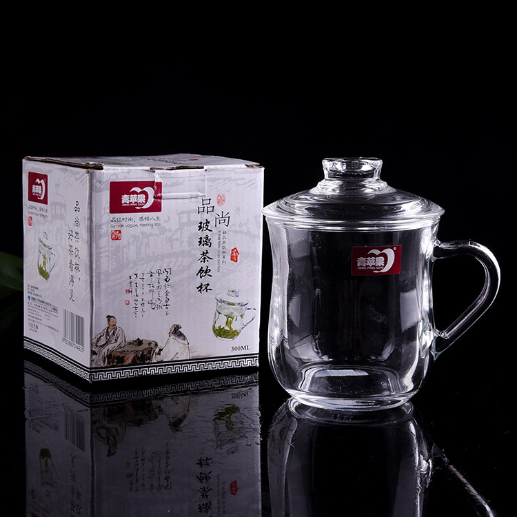 青苹果家用耐热玻璃茶办公杯带盖创意耐高温杯促销礼品花茶绿茶杯
