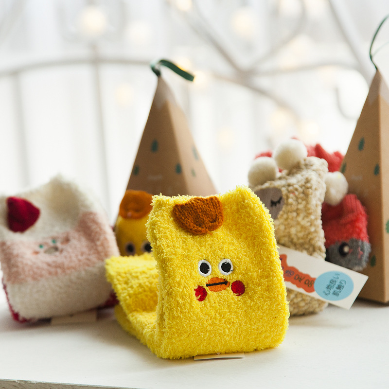 Adult 3D cartoon embroidered coral fleece floor socks, cute Christmas half-fleece socks, children's box socks wholesale details Picture