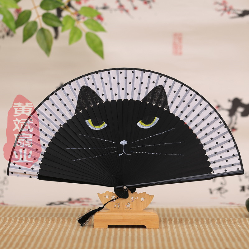烤漆柄手绘猫扇日本女生竹叠折扇卡通龙猫扇真丝创意日式工艺扇
