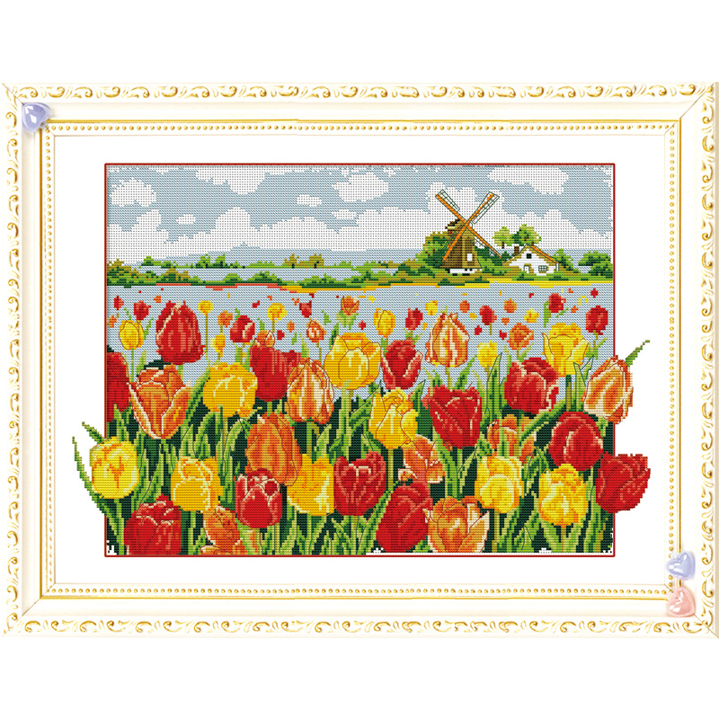 Hot-selling new wholesale cross-stitch diy decorative painting handicrafts, hand-made fabric art tulips