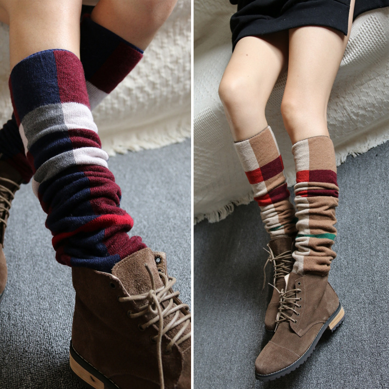 British checkered wool mid-top pile sock covers for women's autumn and winter knee-high warm boot covers and leg guards