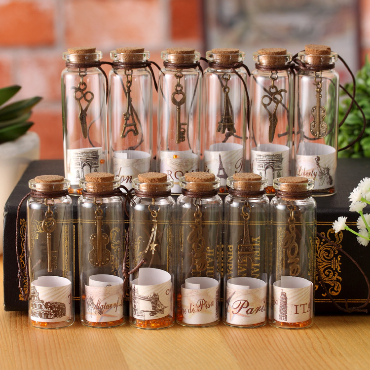 Retro wish bottles, world scenery lucky bottles, small glass bottles with wooden stoppers, drifting bottles, creative home wholesale details Picture