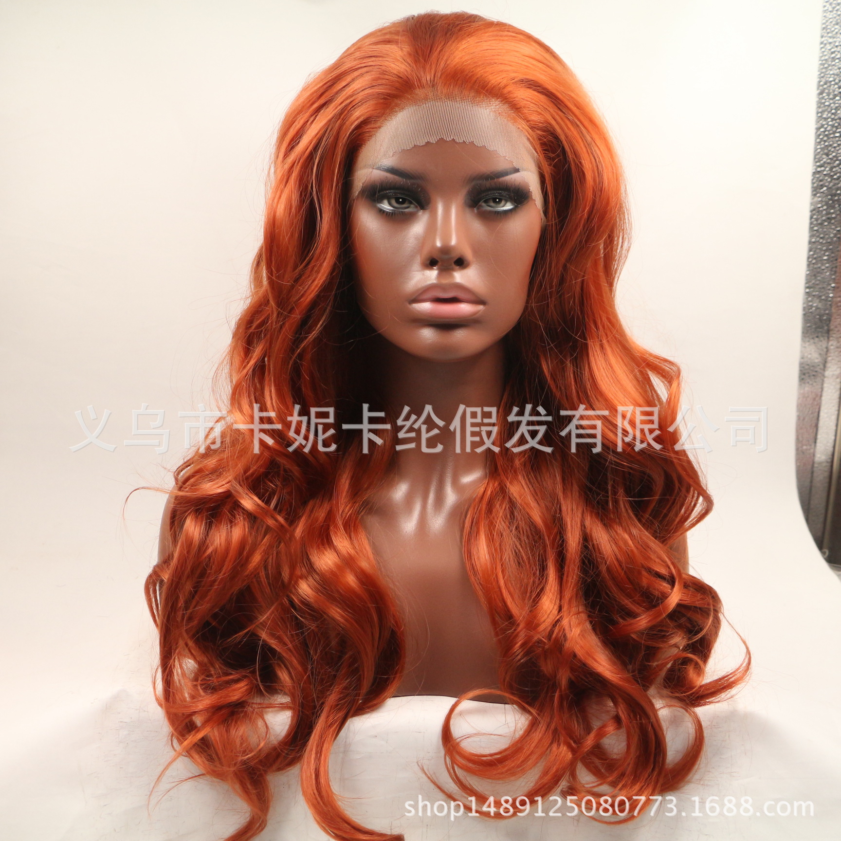 新款纯色金棕色前额蕾丝假发逼真长卷发