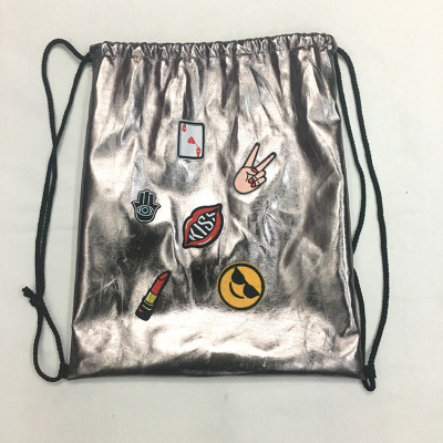diy时尚 pu亮皮女士休闲背包双肩抽绳包户外运动束口袋可加拉链