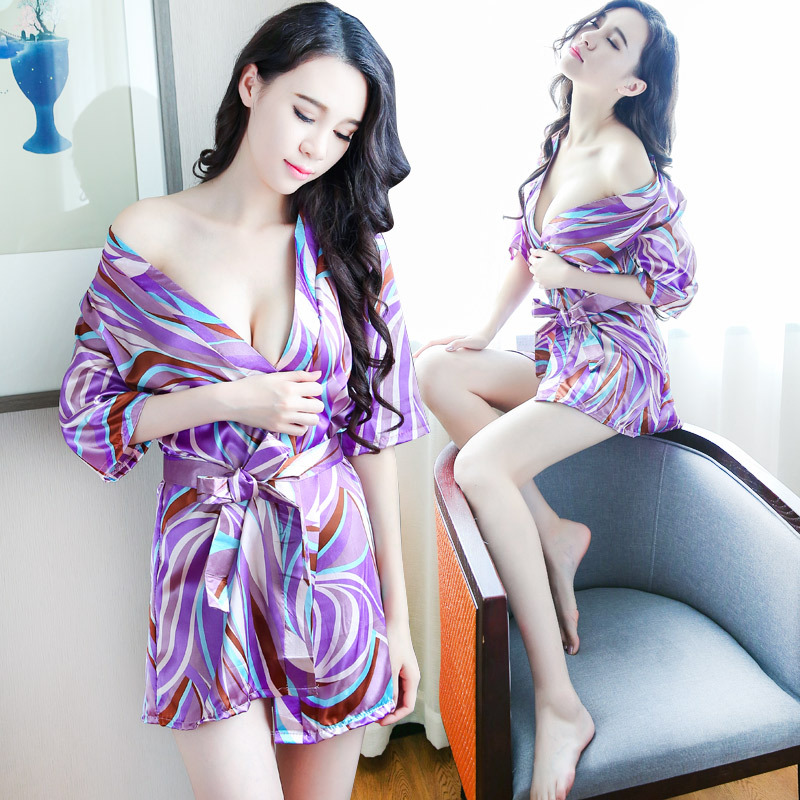Sexy chiffon sex underwear, women's seductive large-sized pajamas, transparent printed kimono, bathrobe and bathrobe full figure